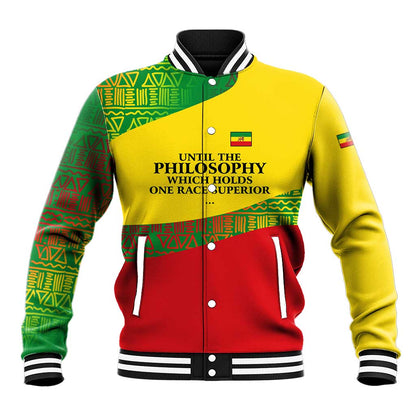 Ethiopia Haile Selassie I Baseball Jacket with Addis Ababa 1963 Speech Quote Pan-African Flag Colors and Kente Pattern