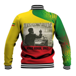 Ethiopia Haile Selassie I Baseball Jacket with Addis Ababa 1963 Speech Quote Pan-African Flag Colors and Kente Pattern