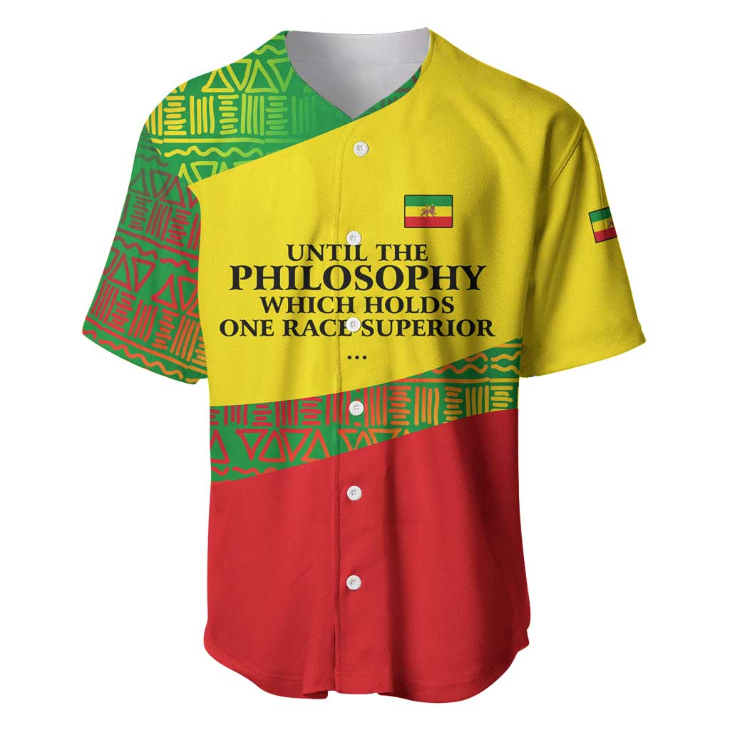 Ethiopia Haile Selassie I Baseball Jersey with Addis Ababa 1963 Speech Quote Pan-African Flag Colors and Kente Pattern