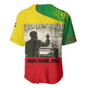 Ethiopia Haile Selassie I Baseball Jersey with Addis Ababa 1963 Speech Quote Pan-African Flag Colors and Kente Pattern