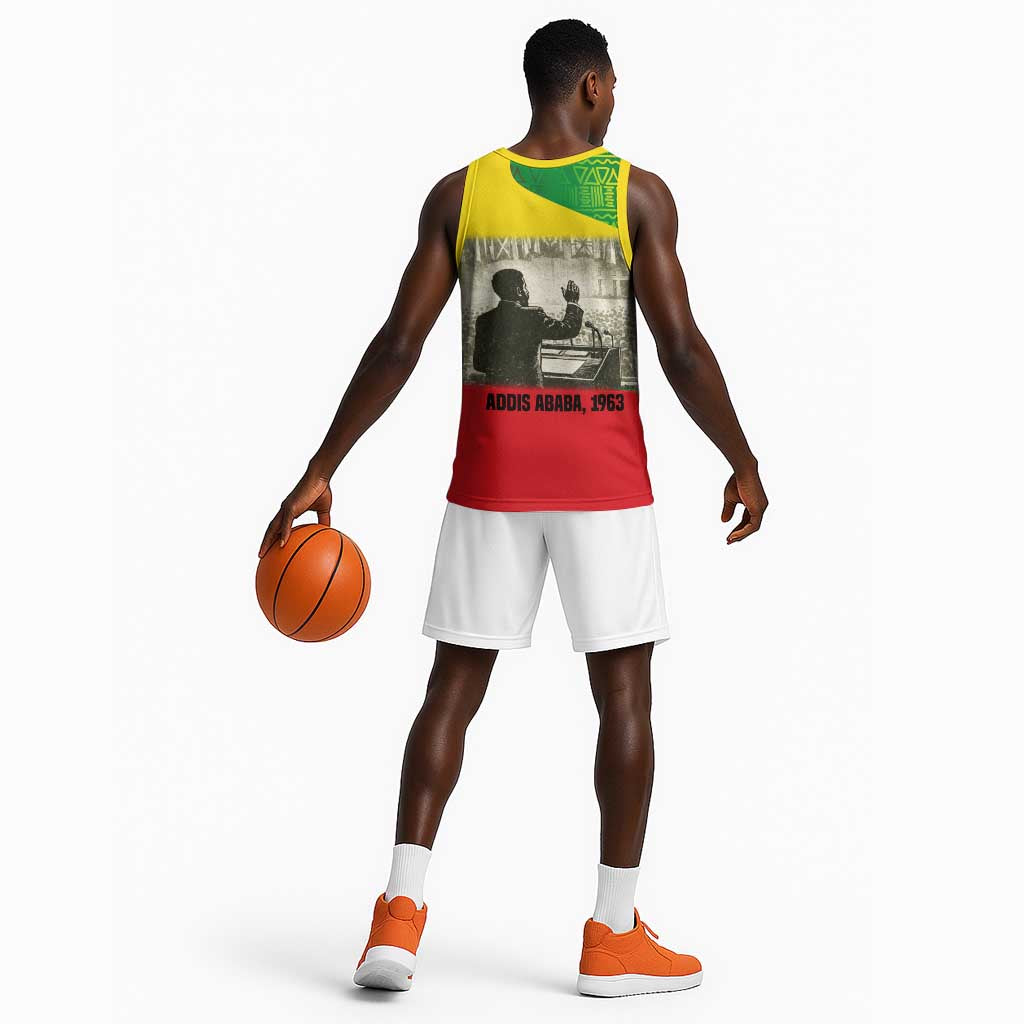 Ethiopia Haile Selassie I Basketball Jersey with Addis Ababa 1963 Speech Quote Pan-African Flag Colors and Kente Pattern