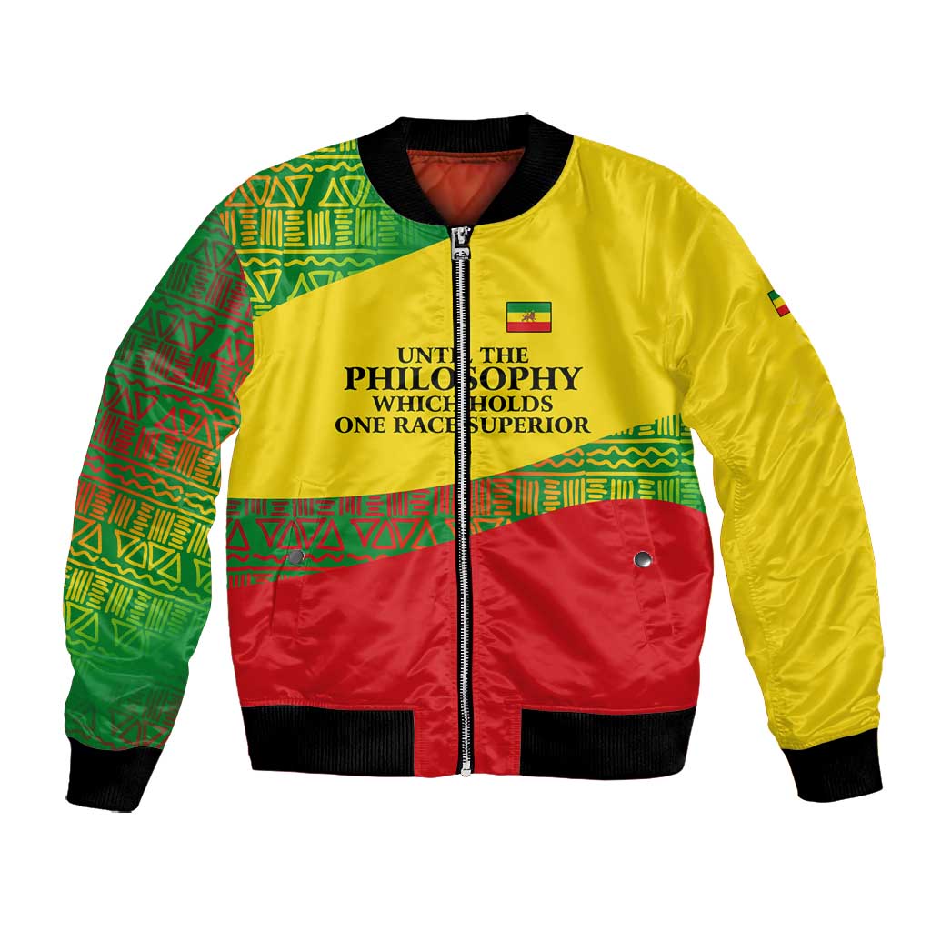 Ethiopia Haile Selassie I Bomber Jacket with Addis Ababa 1963 Speech Quote Pan-African Flag Colors and Kente Pattern