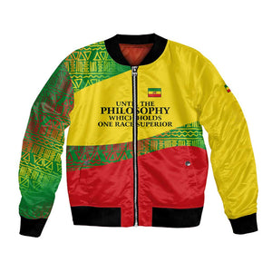 Ethiopia Haile Selassie I Bomber Jacket with Addis Ababa 1963 Speech Quote Pan-African Flag Colors and Kente Pattern
