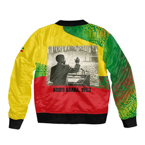 Ethiopia Haile Selassie I Bomber Jacket with Addis Ababa 1963 Speech Quote Pan-African Flag Colors and Kente Pattern