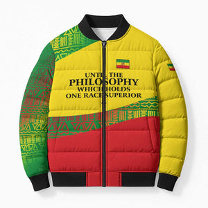 Ethiopia Haile Selassie I Bomber Puffer Jacket with Addis Ababa 1963 Speech Quote Pan-African Flag Colors and Kente Pattern
