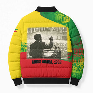 Ethiopia Haile Selassie I Bomber Puffer Jacket with Addis Ababa 1963 Speech Quote Pan-African Flag Colors and Kente Pattern