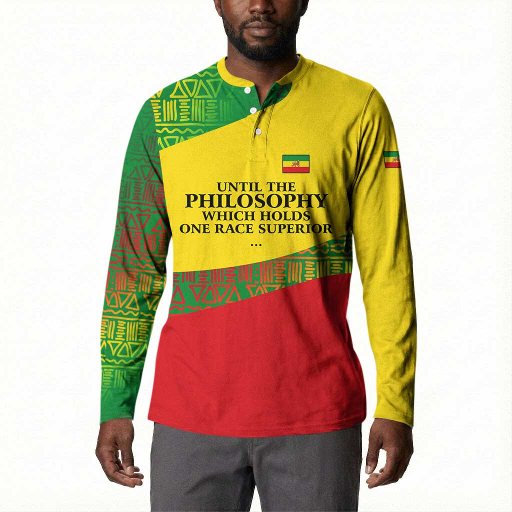 Ethiopia Haile Selassie I Button Sweatshirt with Addis Ababa 1963 Speech Quote Pan-African Flag Colors and Kente Pattern