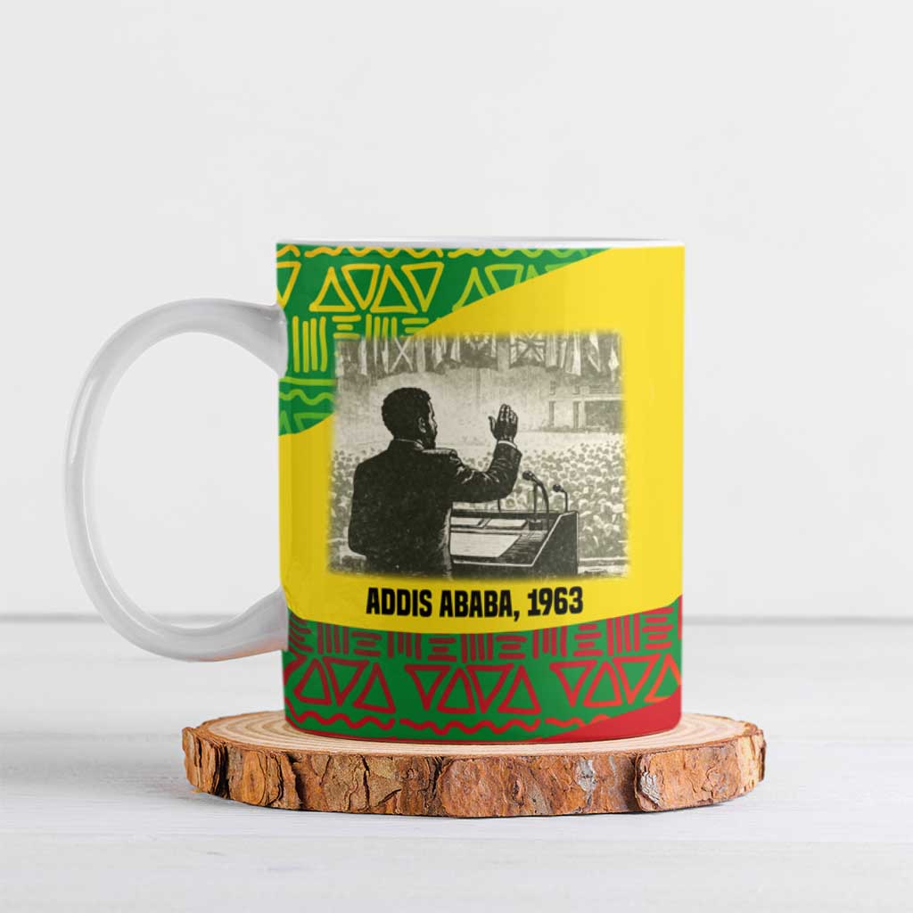 Ethiopia Haile Selassie I Ceramic Mug with Addis Ababa 1963 Speech Quote Pan-African Flag Colors and Kente Pattern - African Pride