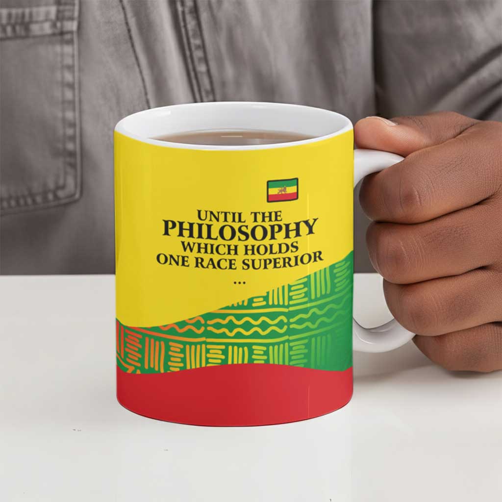 Ethiopia Haile Selassie I Ceramic Mug with Addis Ababa 1963 Speech Quote Pan-African Flag Colors and Kente Pattern - African Pride