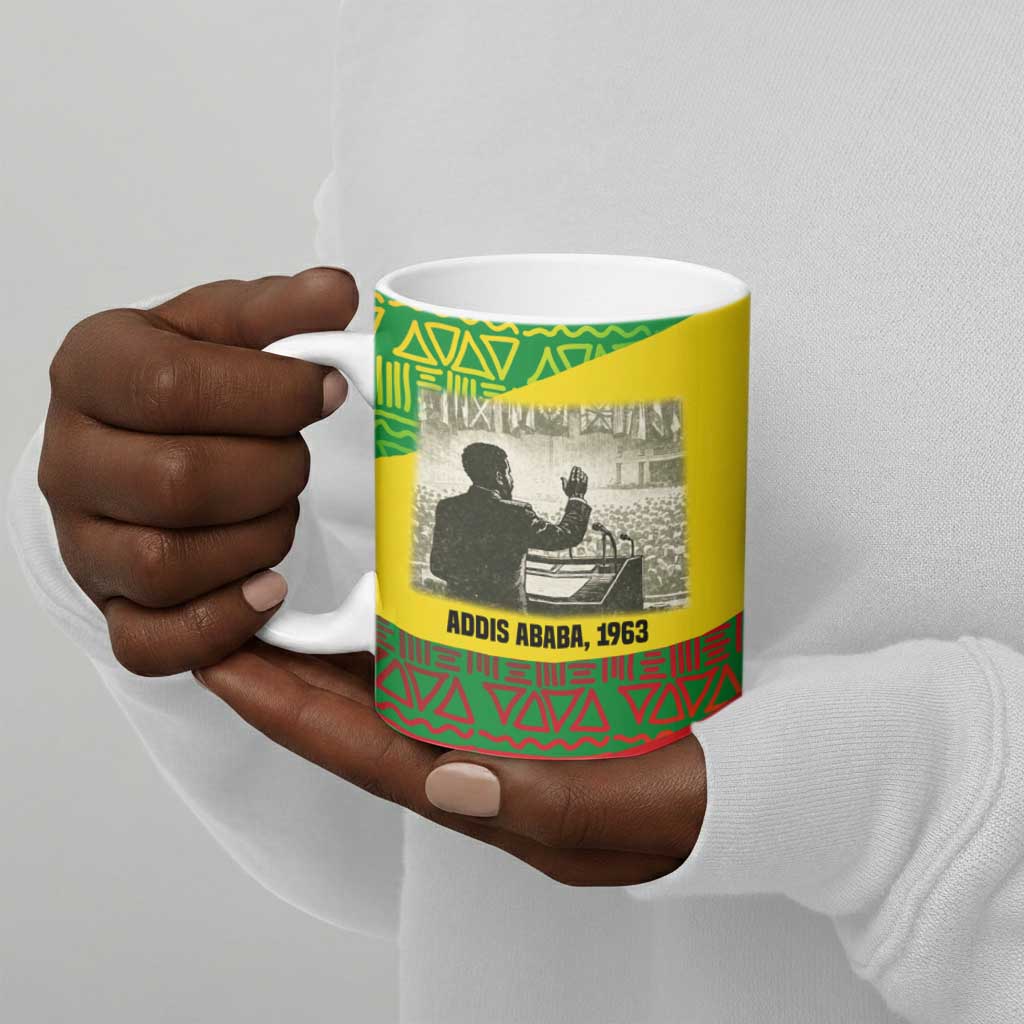 Ethiopia Haile Selassie I Ceramic Mug with Addis Ababa 1963 Speech Quote Pan-African Flag Colors and Kente Pattern - African Pride