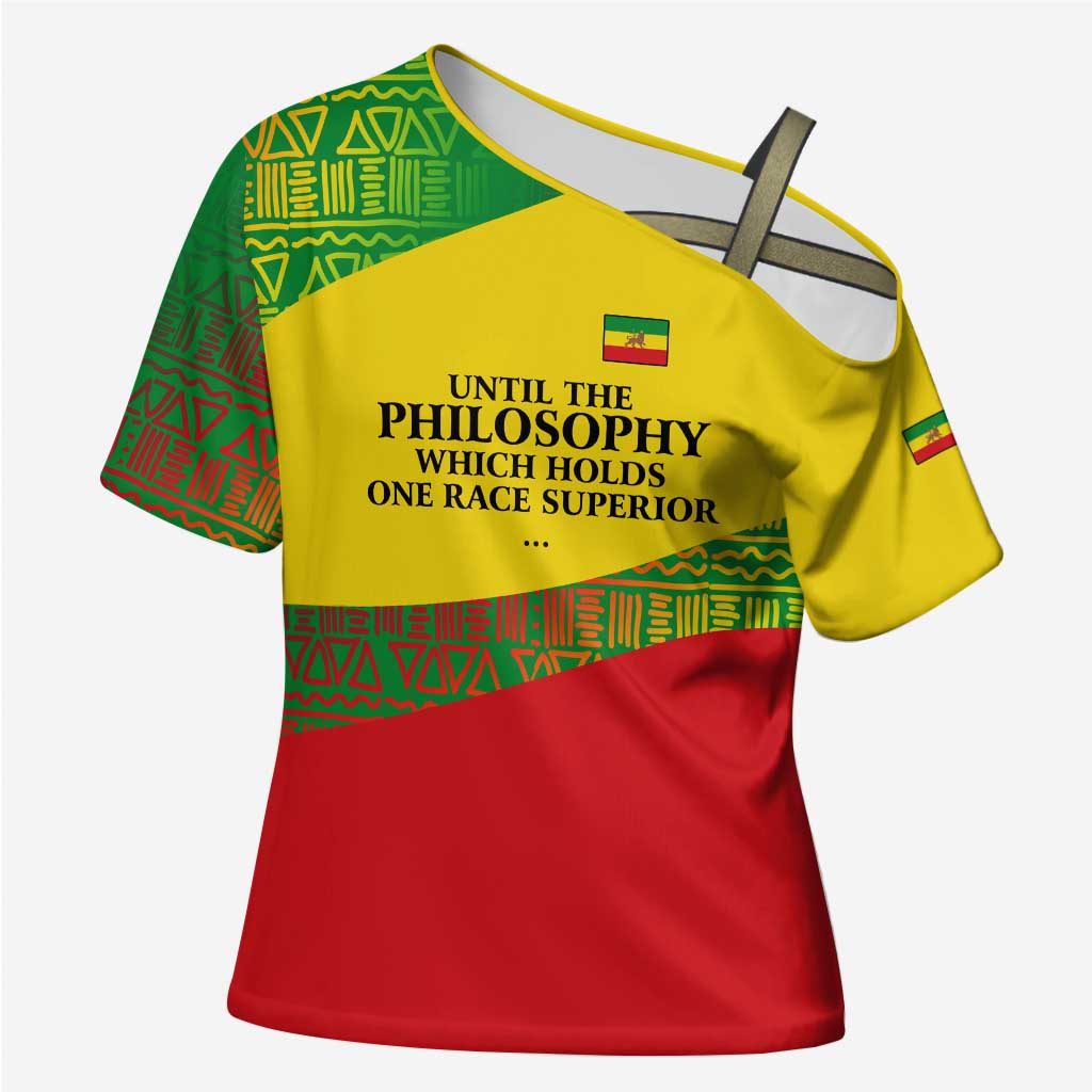 Ethiopia Haile Selassie I Cross Shoulder Shirt with Addis Ababa 1963 Speech Quote Pan-African Flag Colors and Kente Pattern