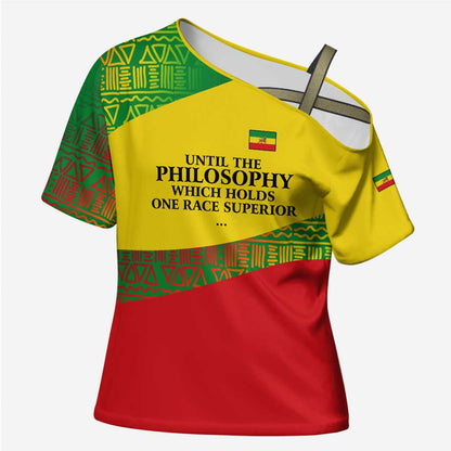 Ethiopia Haile Selassie I Cross Shoulder Shirt with Addis Ababa 1963 Speech Quote Pan-African Flag Colors and Kente Pattern