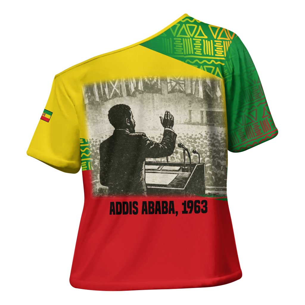 Ethiopia Haile Selassie I Cross Shoulder Shirt with Addis Ababa 1963 Speech Quote Pan-African Flag Colors and Kente Pattern