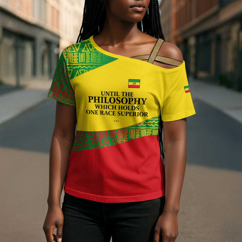 Ethiopia Haile Selassie I Cross Shoulder Shirt with Addis Ababa 1963 Speech Quote Pan-African Flag Colors and Kente Pattern