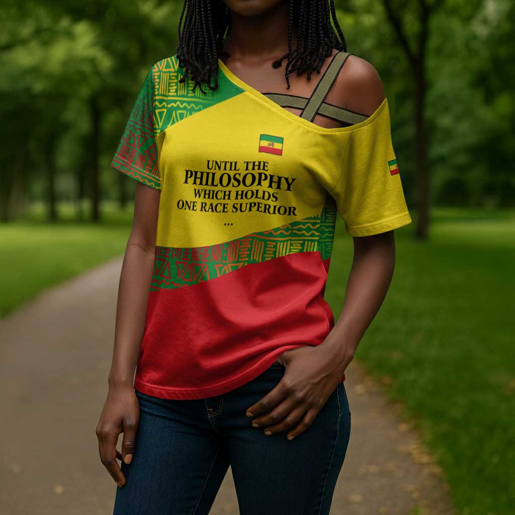 Ethiopia Haile Selassie I Cross Shoulder Shirt with Addis Ababa 1963 Speech Quote Pan-African Flag Colors and Kente Pattern