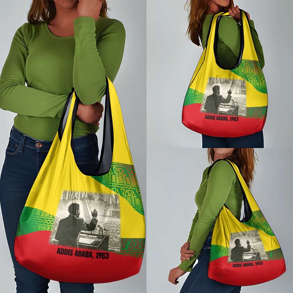 Ethiopia Haile Selassie I Grocery Bag with Addis Ababa 1963 Speech Quote Pan-African Flag Colors and Kente Pattern - African Pride