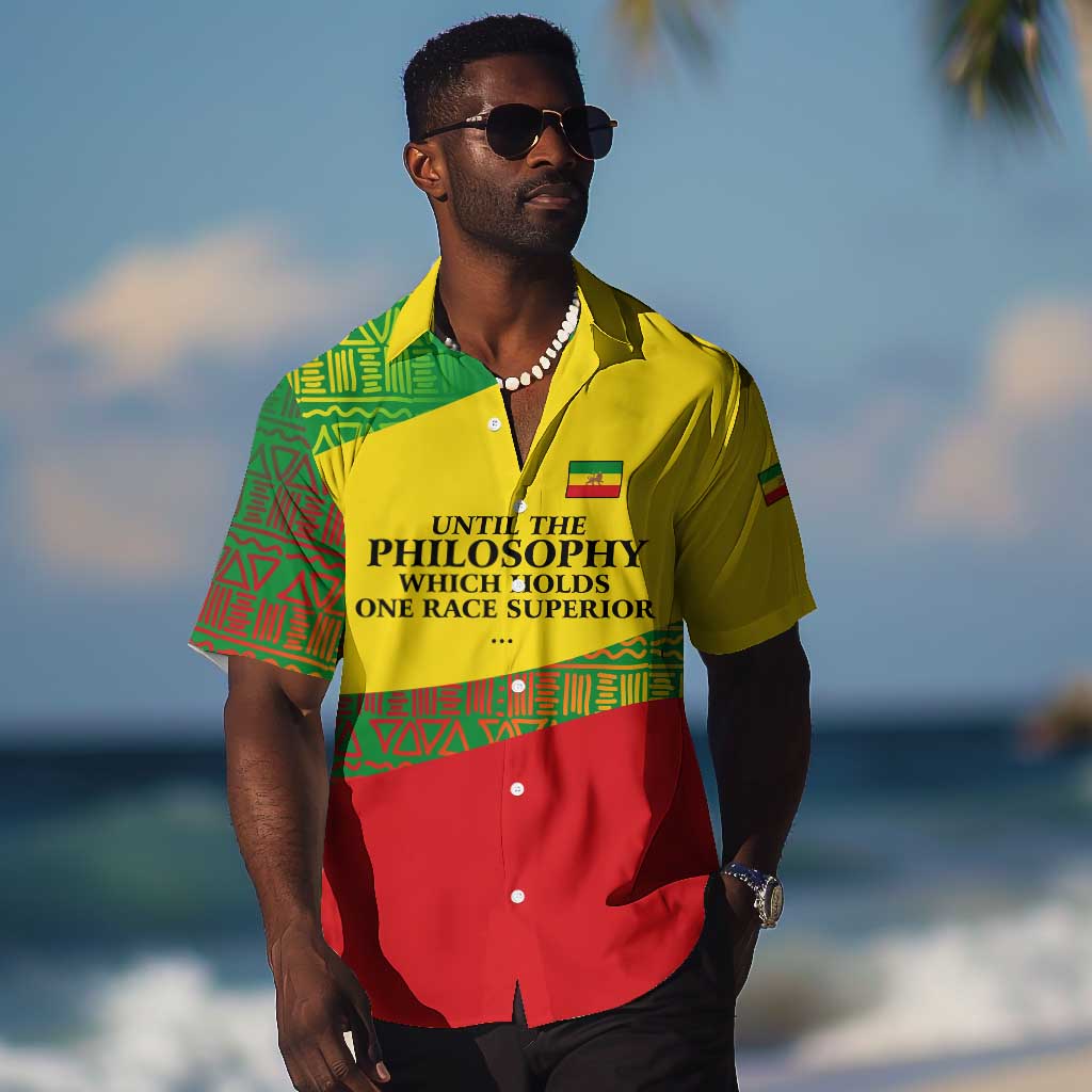 Ethiopia Haile Selassie I Hawaiian Shirt with Addis Ababa 1963 Speech Quote Pan-African Flag Colors and Kente Pattern
