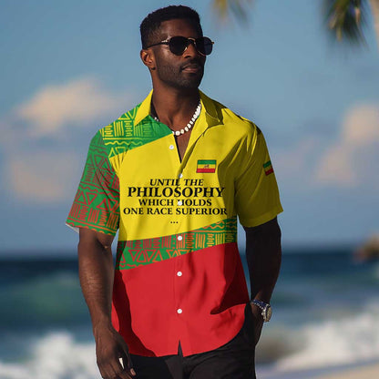 Ethiopia Haile Selassie I Hawaiian Shirt with Addis Ababa 1963 Speech Quote Pan-African Flag Colors and Kente Pattern