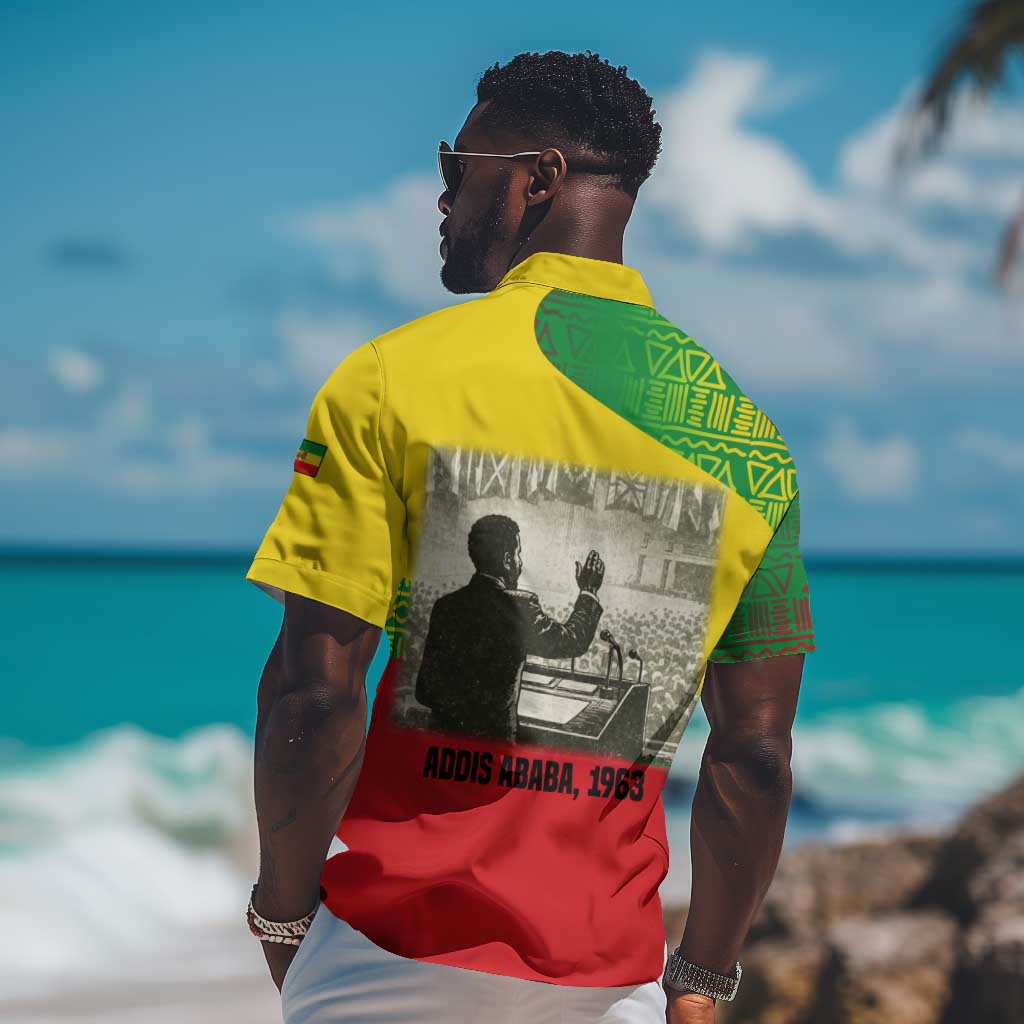 Ethiopia Haile Selassie I Hawaiian Shirt with Addis Ababa 1963 Speech Quote Pan-African Flag Colors and Kente Pattern