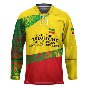 Ethiopia Haile Selassie I Hockey Jersey with Addis Ababa 1963 Speech Quote Pan-African Flag Colors and Kente Pattern