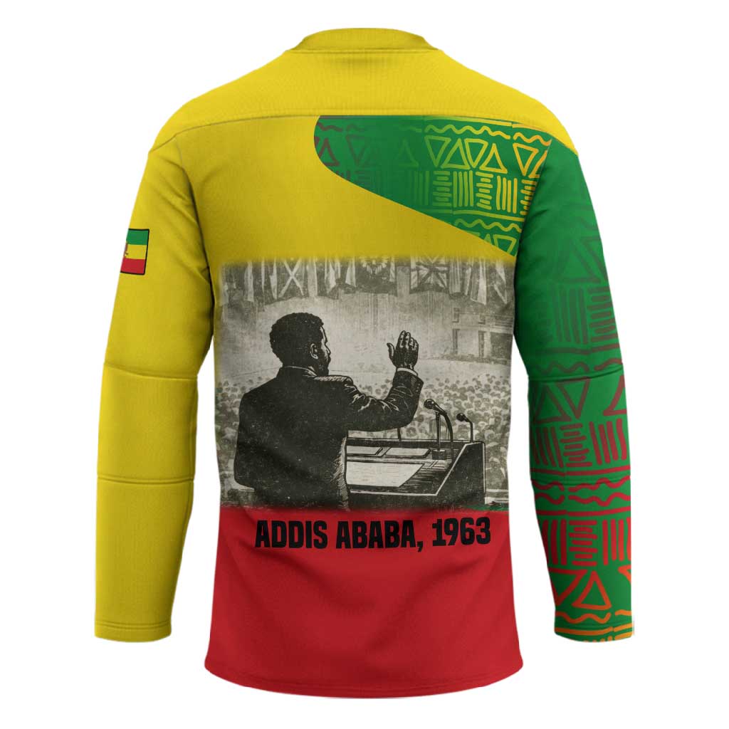 Ethiopia Haile Selassie I Hockey Jersey with Addis Ababa 1963 Speech Quote Pan-African Flag Colors and Kente Pattern
