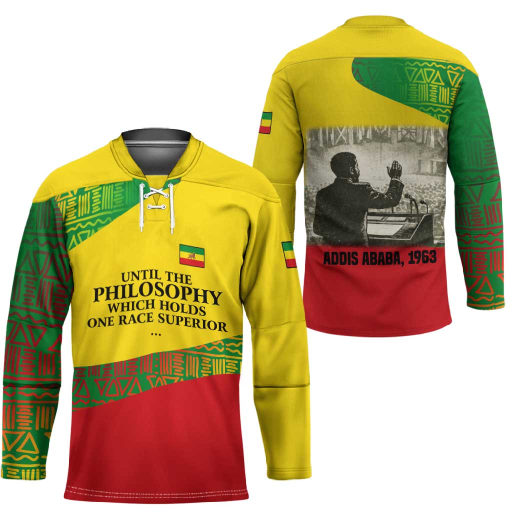 Ethiopia Haile Selassie I Hockey Jersey with Addis Ababa 1963 Speech Quote Pan-African Flag Colors and Kente Pattern