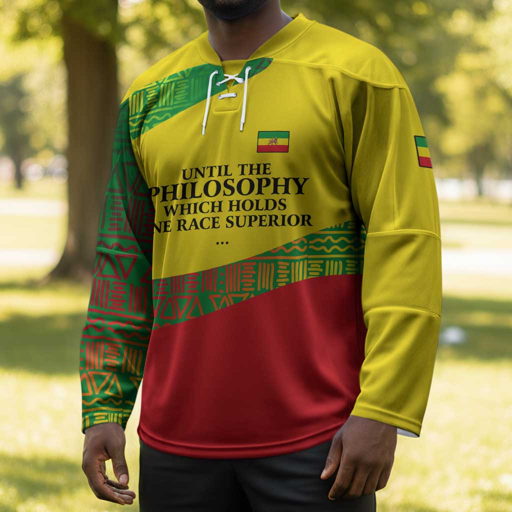 Ethiopia Haile Selassie I Hockey Jersey with Addis Ababa 1963 Speech Quote Pan-African Flag Colors and Kente Pattern