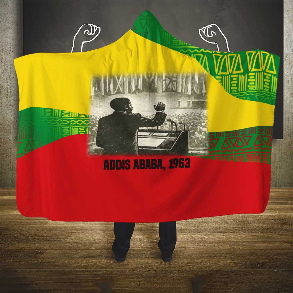 Ethiopia Haile Selassie I Hooded Blanket with Addis Ababa 1963 Speech Quote Pan-African Flag Colors and Kente Pattern - African Pride