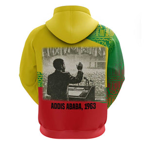 Ethiopia Haile Selassie I Hoodie with Addis Ababa 1963 Speech Quote Pan-African Flag Colors and Kente Pattern