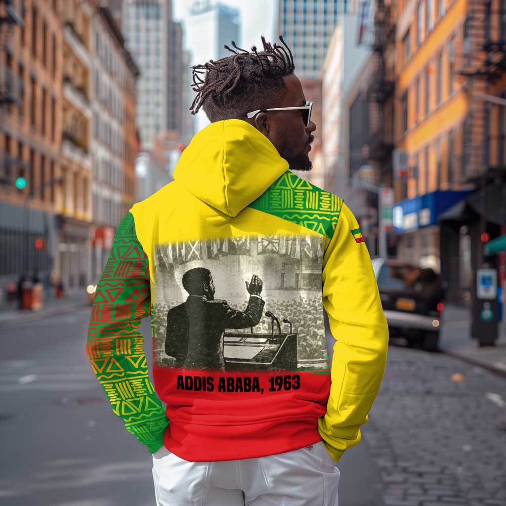 Ethiopia Haile Selassie I Hoodie with Addis Ababa 1963 Speech Quote Pan-African Flag Colors and Kente Pattern