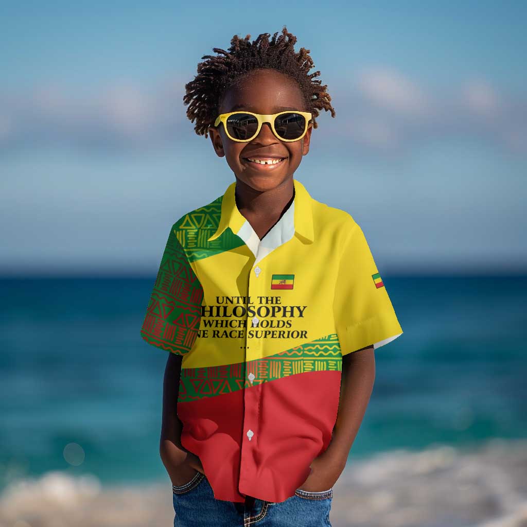 Ethiopia Haile Selassie I Kid Hawaiian Shirt with Addis Ababa 1963 Speech Quote Pan-African Flag Colors and Kente Pattern