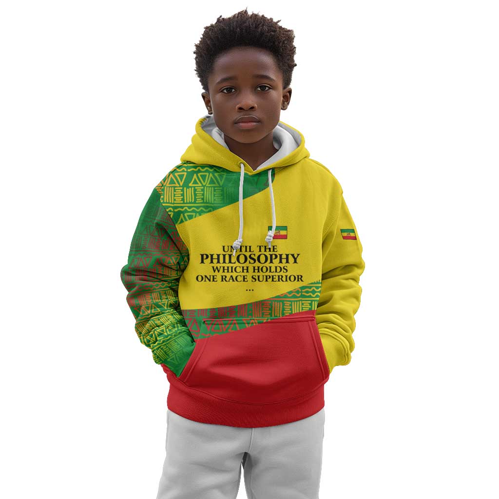 Ethiopia Haile Selassie I Kid Hoodie with Addis Ababa 1963 Speech Quote Pan-African Flag Colors and Kente Pattern