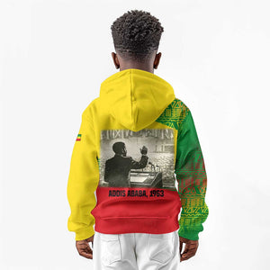 Ethiopia Haile Selassie I Kid Hoodie with Addis Ababa 1963 Speech Quote Pan-African Flag Colors and Kente Pattern