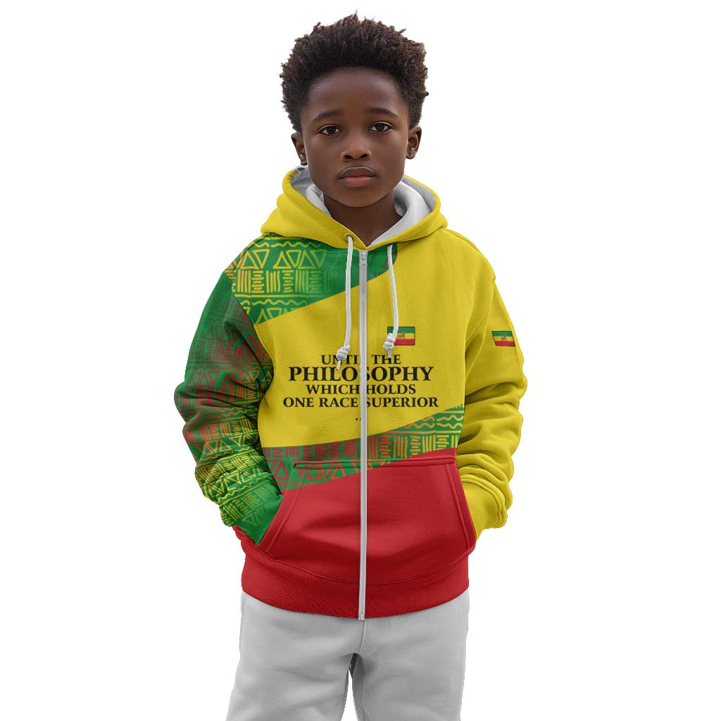 Ethiopia Haile Selassie I Kid Hoodie with Addis Ababa 1963 Speech Quote Pan-African Flag Colors and Kente Pattern