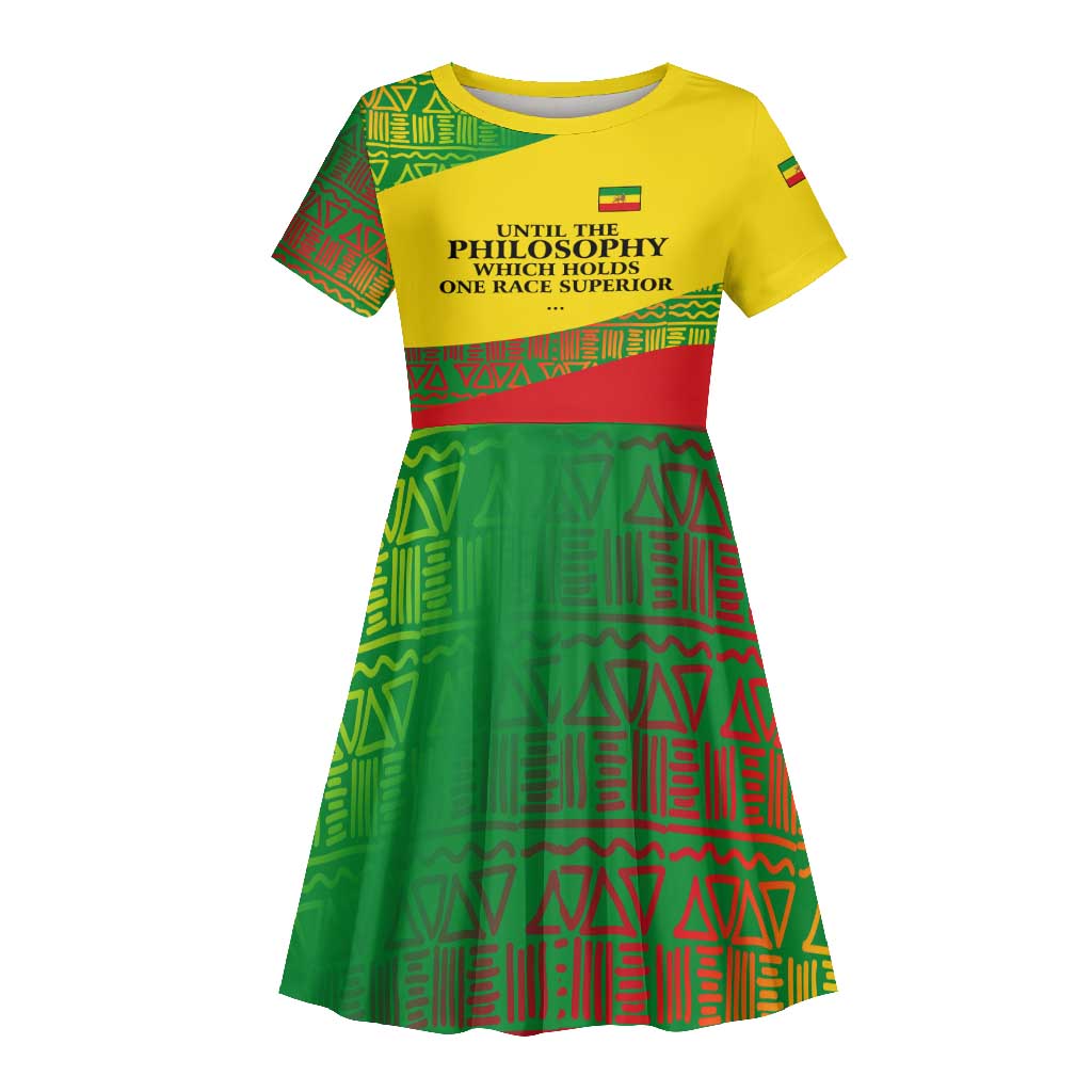 Ethiopia Haile Selassie I Kid Short Sleeve Dress with Addis Ababa 1963 Speech Quote Pan-African Flag Colors and Kente Pattern
