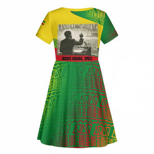 Ethiopia Haile Selassie I Kid Short Sleeve Dress with Addis Ababa 1963 Speech Quote Pan-African Flag Colors and Kente Pattern
