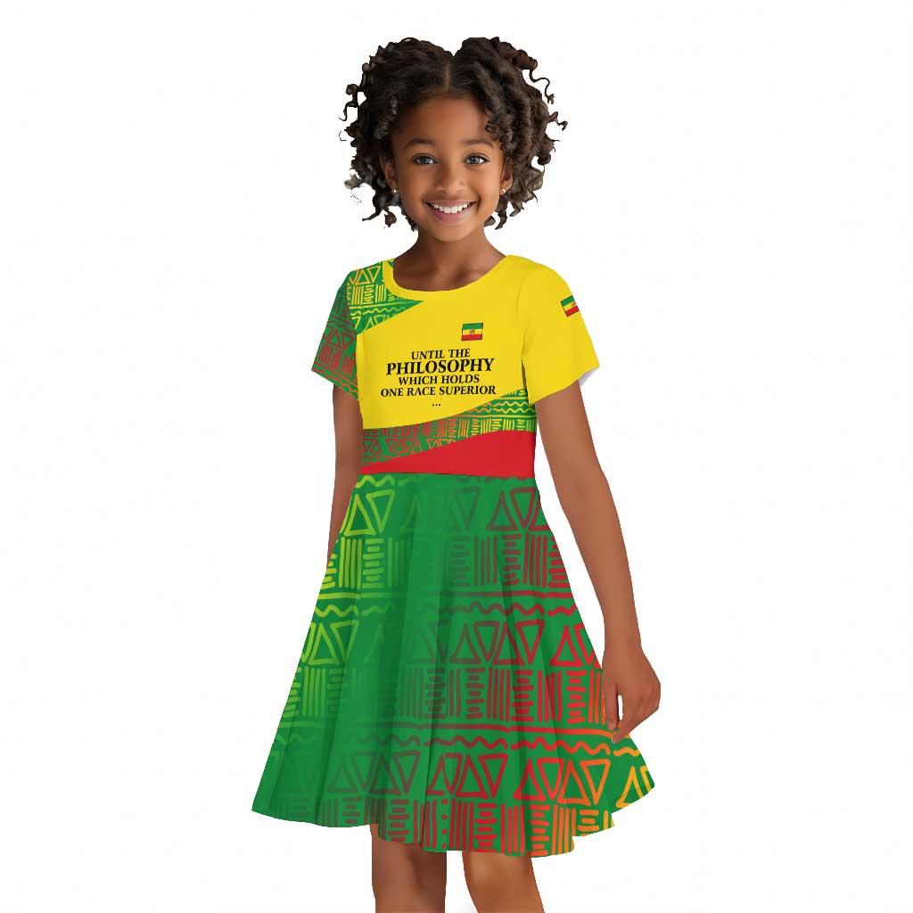Ethiopia Haile Selassie I Kid Short Sleeve Dress with Addis Ababa 1963 Speech Quote Pan-African Flag Colors and Kente Pattern