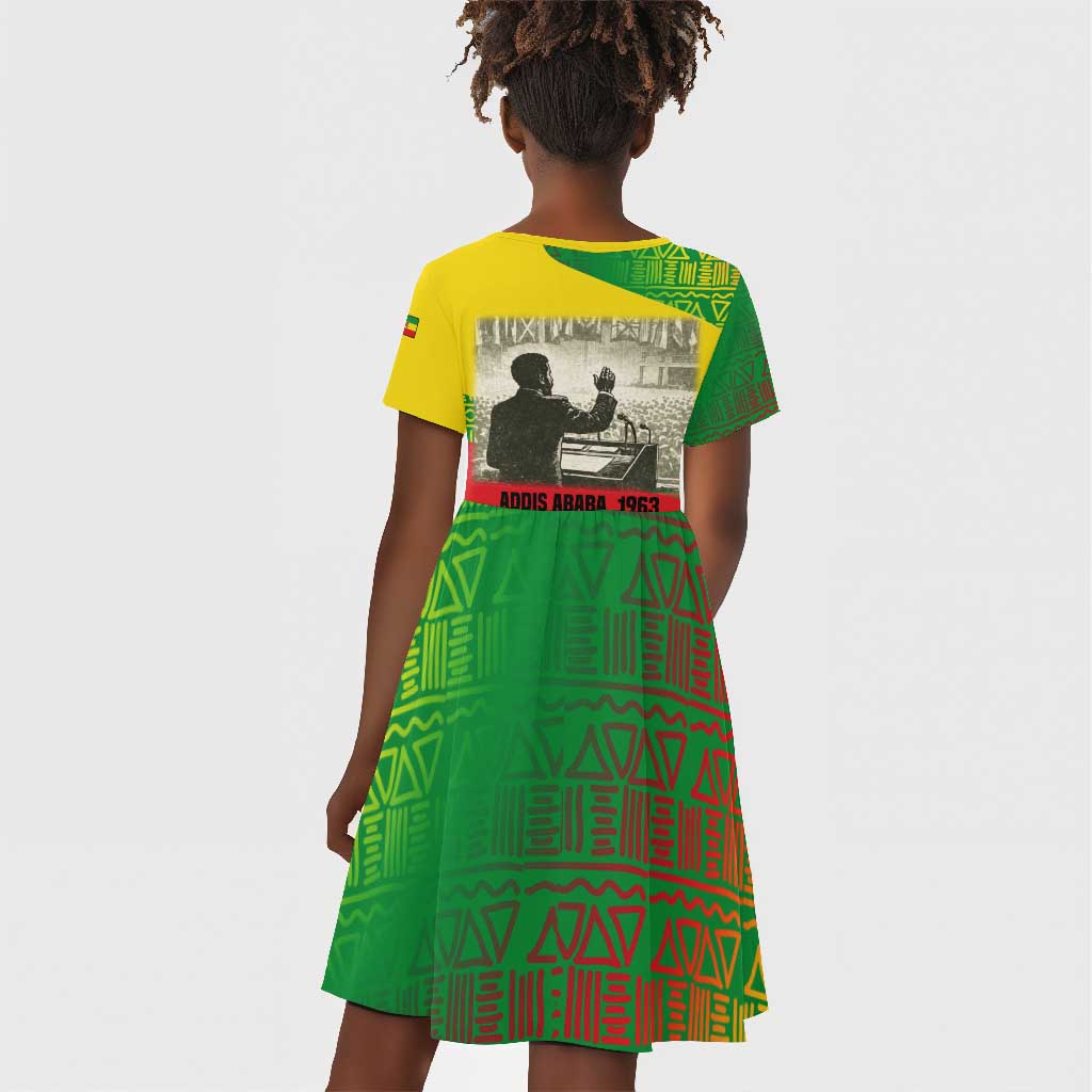 Ethiopia Haile Selassie I Kid Short Sleeve Dress with Addis Ababa 1963 Speech Quote Pan-African Flag Colors and Kente Pattern