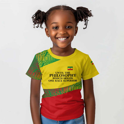 Ethiopia Haile Selassie I Kid T shirt with Addis Ababa 1963 Speech Quote Pan-African Flag Colors and Kente Pattern