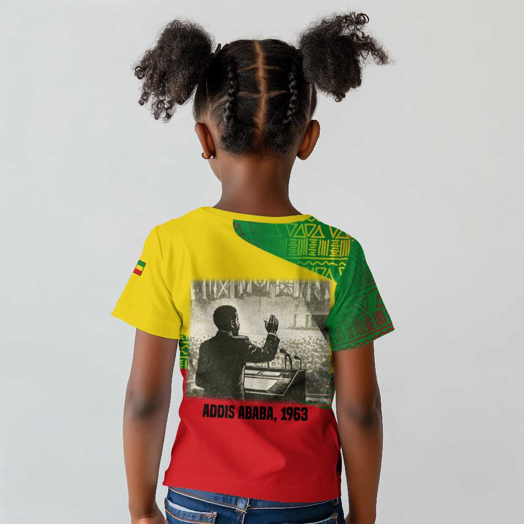 Ethiopia Haile Selassie I Kid T shirt with Addis Ababa 1963 Speech Quote Pan-African Flag Colors and Kente Pattern