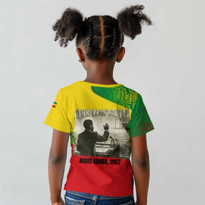 Ethiopia Haile Selassie I Kid T shirt with Addis Ababa 1963 Speech Quote Pan-African Flag Colors and Kente Pattern