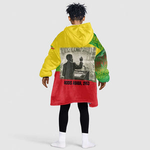 Ethiopia Haile Selassie I Kid Wearable Blanket Hoodie with Addis Ababa 1963 Speech Quote Pan-African Flag Colors and Kente Pattern