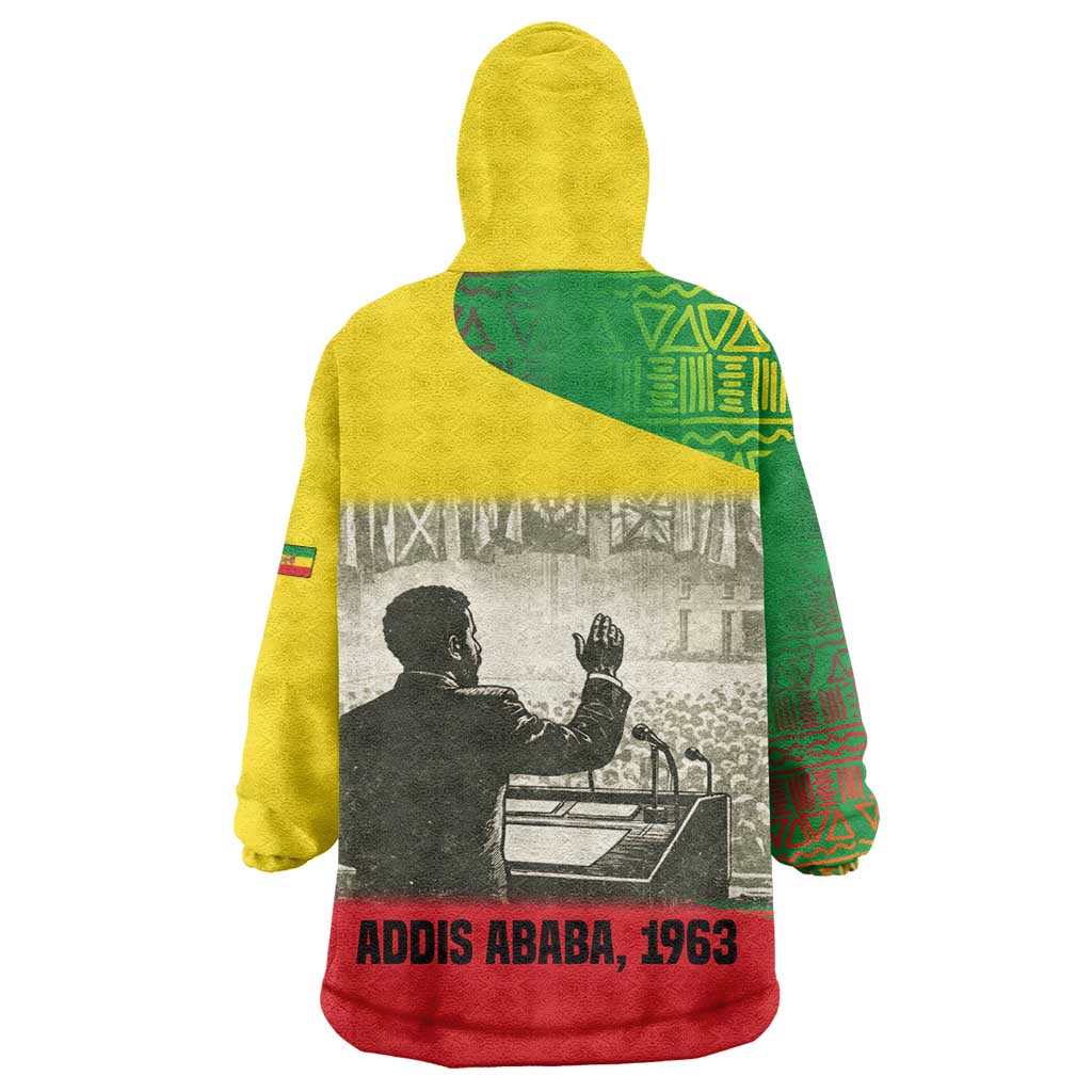 Ethiopia Haile Selassie I Kid Wearable Blanket Hoodie with Addis Ababa 1963 Speech Quote Pan-African Flag Colors and Kente Pattern