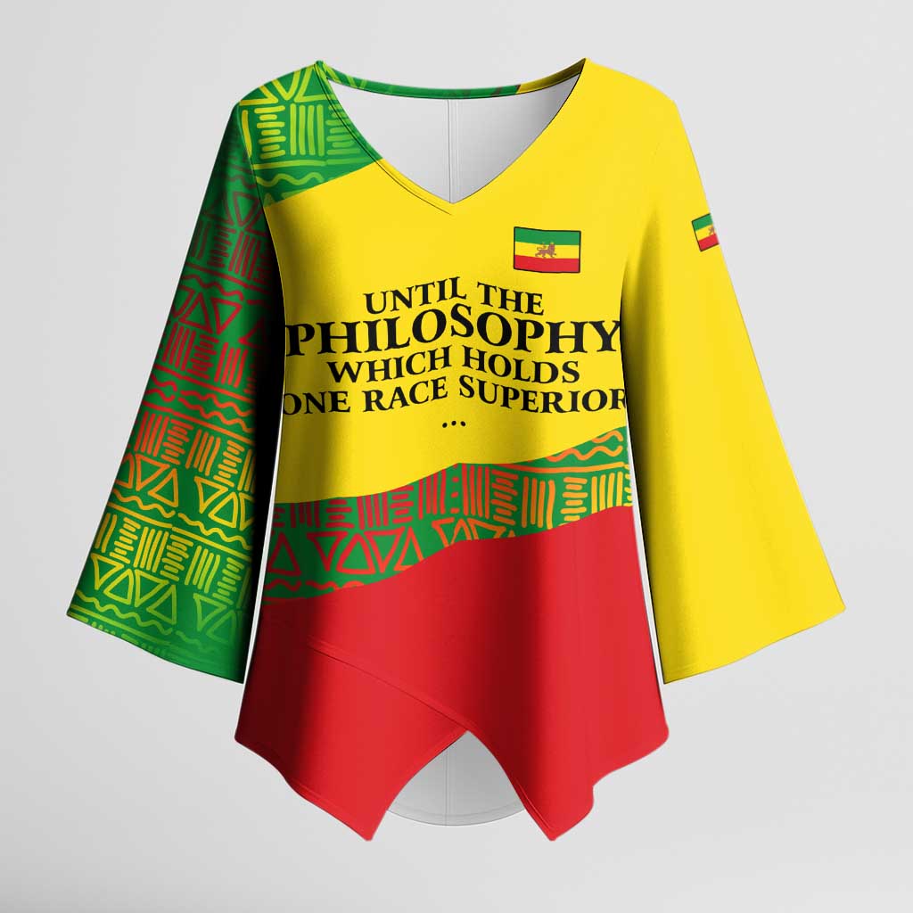 Ethiopia Haile Selassie I Kimono Sleeve Blouse with Addis Ababa 1963 Speech Quote Pan-African Flag Colors and Kente Pattern