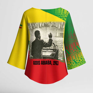 Ethiopia Haile Selassie I Kimono Sleeve Blouse with Addis Ababa 1963 Speech Quote Pan-African Flag Colors and Kente Pattern