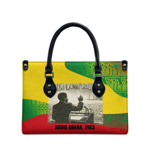 Ethiopia Haile Selassie I Leather Bag with Addis Ababa 1963 Speech Quote Pan-African Flag Colors and Kente Pattern - African Pride