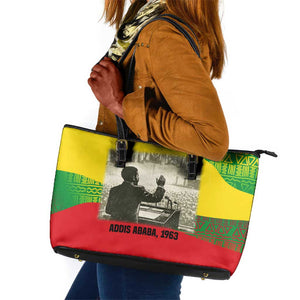 Ethiopia Haile Selassie I Leather Tote Bag with Addis Ababa 1963 Speech Quote Pan-African Flag Colors and Kente Pattern - African Pride