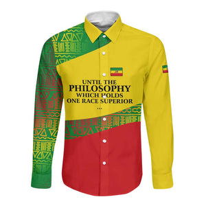 Ethiopia Haile Selassie I Long Sleeve Button Shirt with Addis Ababa 1963 Speech Quote Pan-African Flag Colors and Kente Pattern