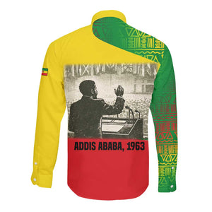 Ethiopia Haile Selassie I Long Sleeve Button Shirt with Addis Ababa 1963 Speech Quote Pan-African Flag Colors and Kente Pattern