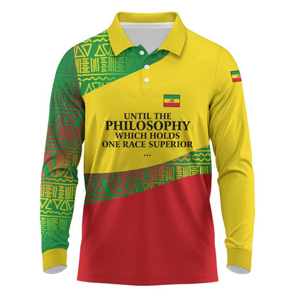 Ethiopia Haile Selassie I Long Sleeve Polo Shirt with Addis Ababa 1963 Speech Quote Pan-African Flag Colors and Kente Pattern